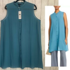 NWT $248 Eileen Fisher Large Silk Sheer Georgette River Mandarin Collar Shirt